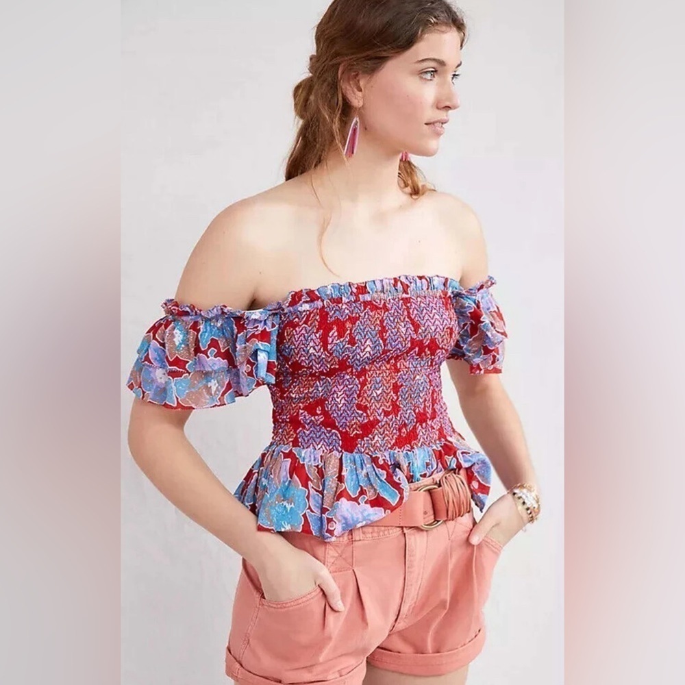 Anthropologie Red & Light Blue Off-Shoulder Smocked Crop Top